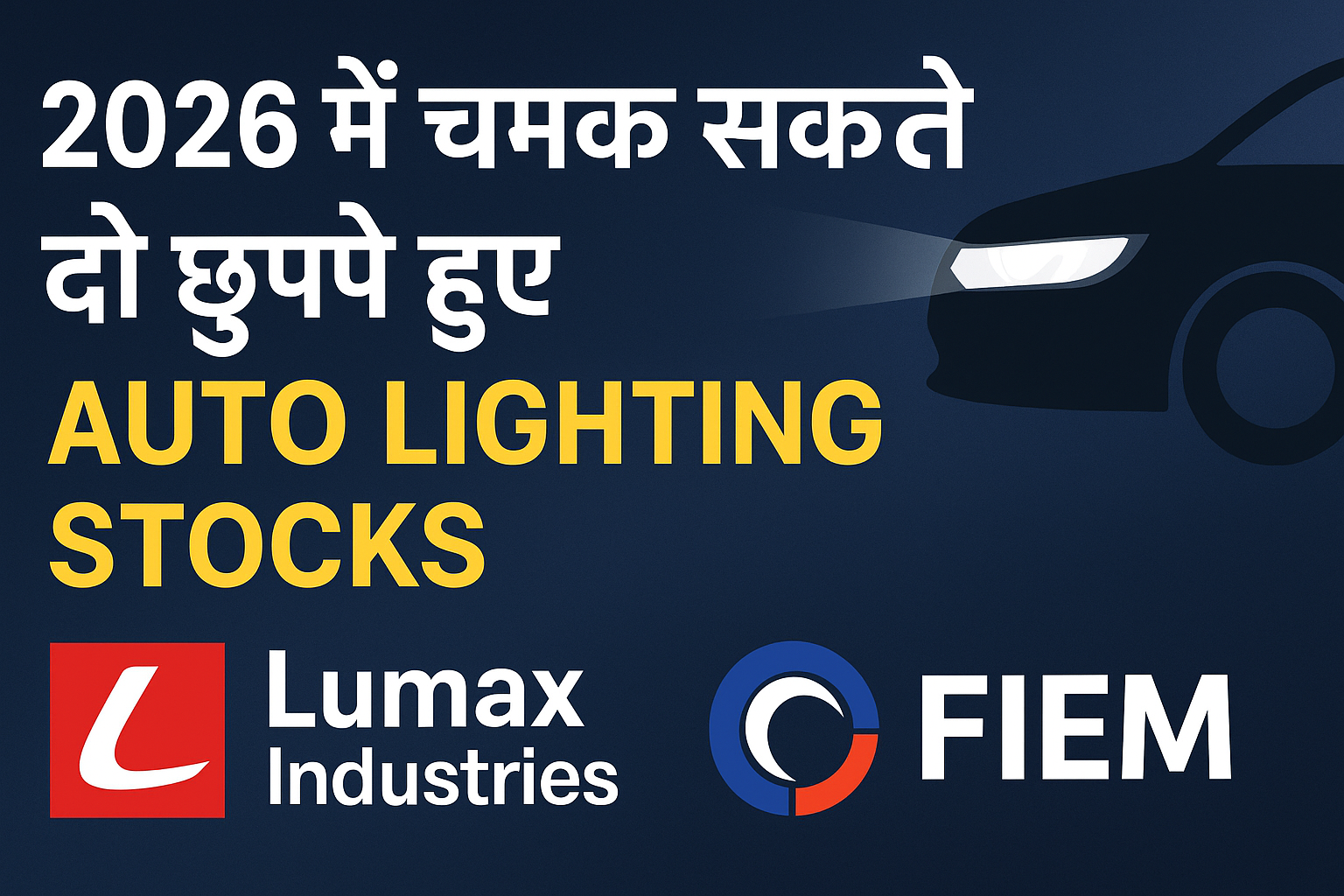 2026 में चमक सकने वाले दो छुपे हुए ऑटो-लाइटिंग स्टॉक्स — ग्राफिक में LED हेडलाइट वाली कार, Lumax Industries और Fiem Industries के लोगो और हिंदी/अंग्रेज़ी टेक्स्ट दिखाया गया है।”