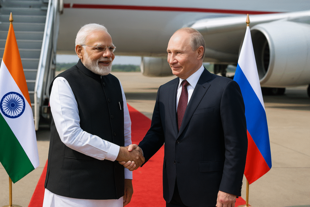 प्रधानमंत्री नरेंद्र मोदी एयरपोर्ट पर रूस के राष्ट्रपति व्लादिमीर पुतिन का स्वागत करते हुए हाथ मिलाते हुए, पीछे भारत और रूस के झंडे तथा विमान दिखाई दे रहा है।”