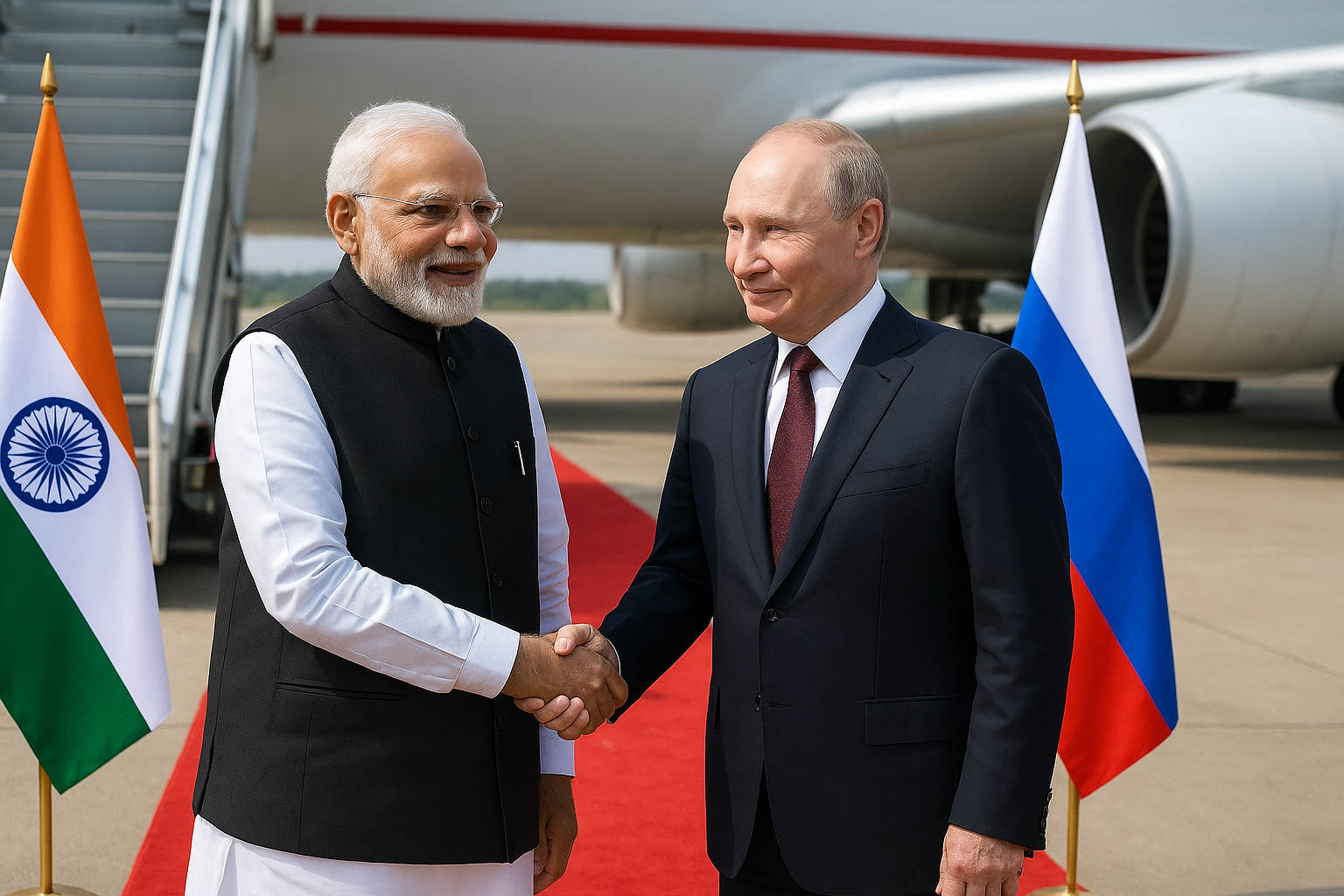 प्रधानमंत्री नरेंद्र मोदी एयरपोर्ट पर रूस के राष्ट्रपति व्लादिमीर पुतिन का स्वागत करते हुए हाथ मिलाते हुए, पीछे भारत और रूस के झंडे तथा विमान दिखाई दे रहा है।”