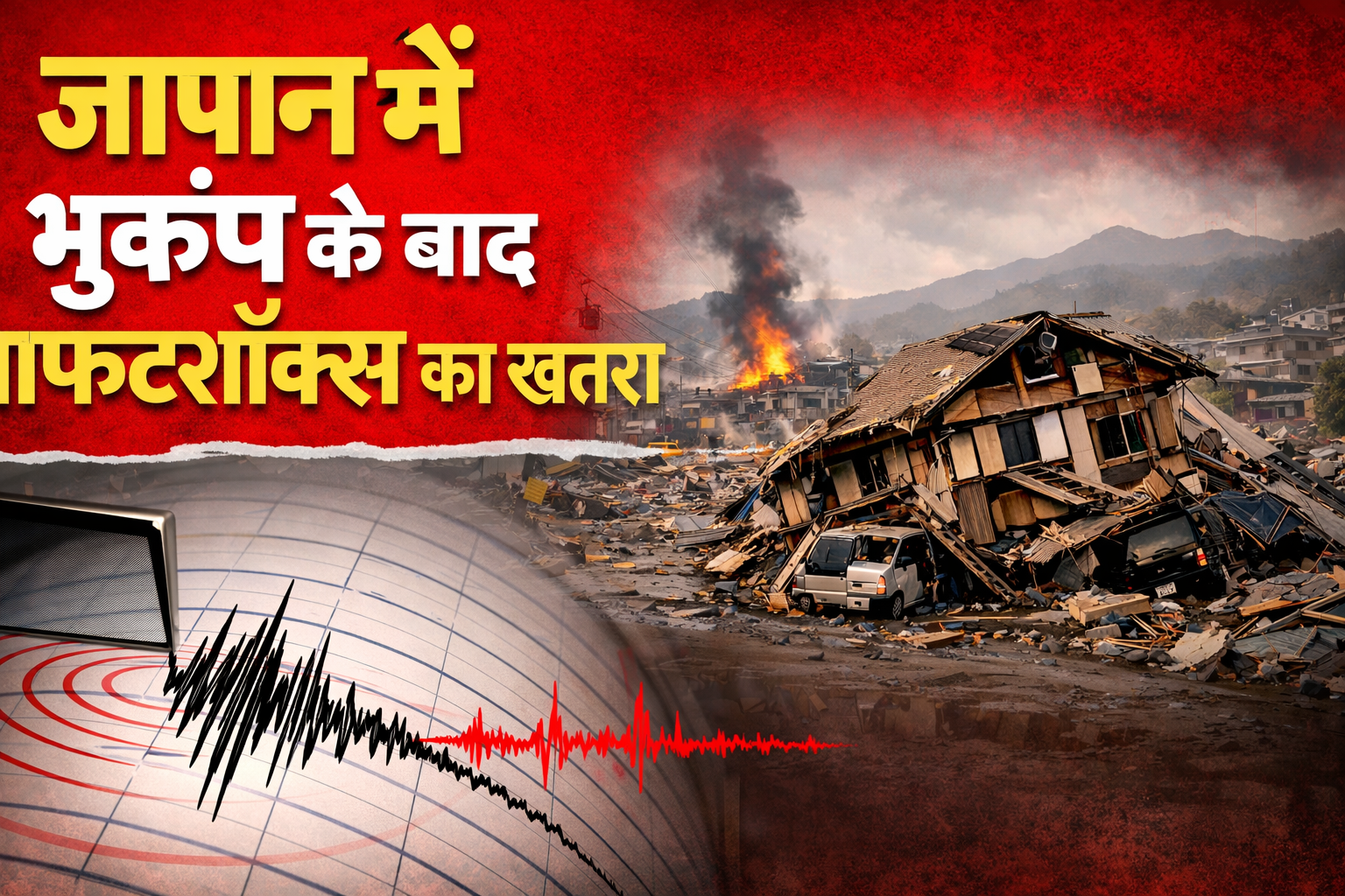 जापान में आए भूकंप के बाद तबाही का दृश्य—गिरी हुई इमारतें, मलबे के बीच धुआँ उठता हुआ इलाका और नीचे सिस्मोग्राफ पर दर्ज होते तेज आफ्टरशॉक्स, जो लगातार भूकंपीय खतरे को दर्शाते हैं।