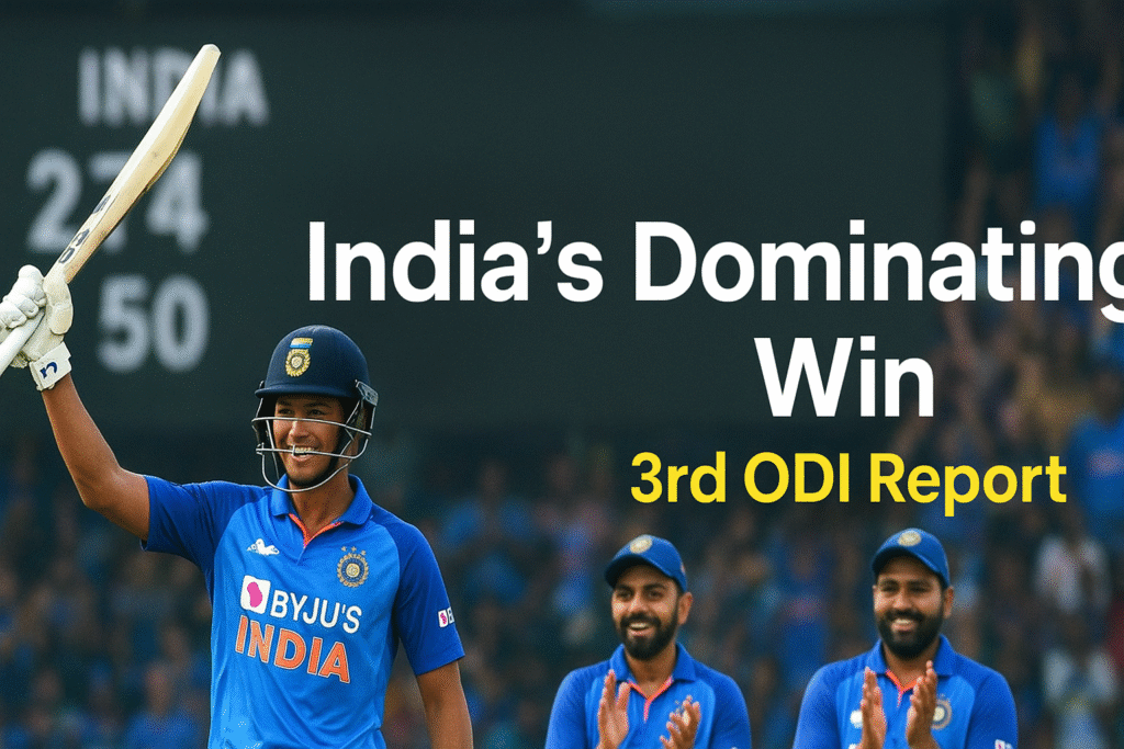 “India vs South Africa 3rd ODI मैच में यशस्वी जयस्वाल शतक बनाते हुए, रोहित शर्मा और विराट कोहली के साथ टीम इंडिया की जीत का जश्न।”