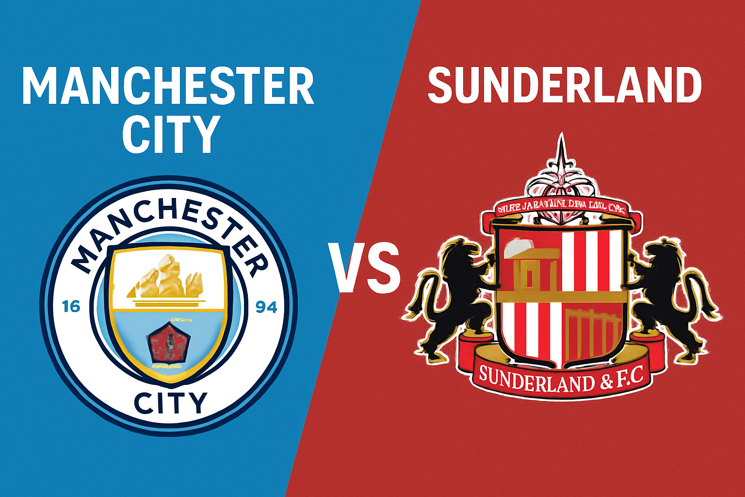 "Manchester City और Sunderland के बीच फुटबॉल मुकाबले के लिए बनाई गई ग्राफिक—बाईं ओर नीले बैकग्राउंड पर Manchester City का लोगो और दाईं ओर लाल बैकग्राउंड पर Sunderland का लोगो, बीच में VS लिखा हुआ।"