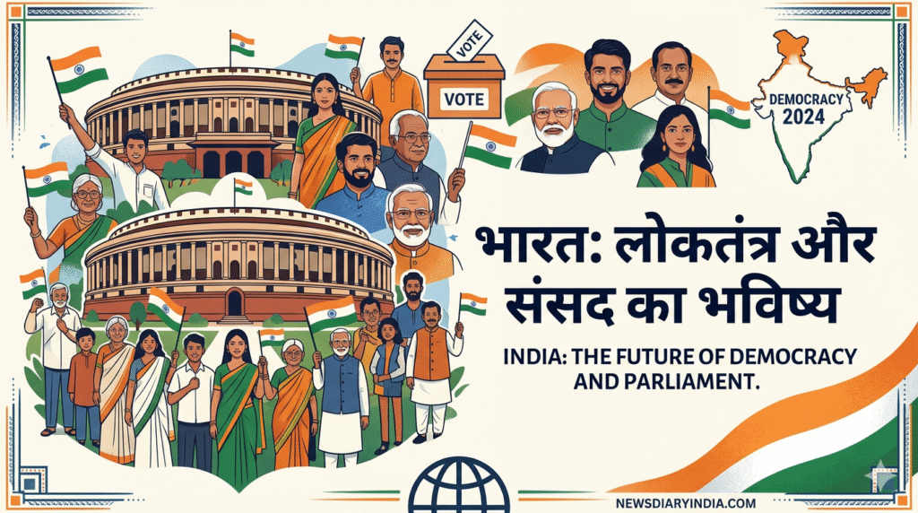 "भारतीय संसद, विविध नागरिकों और राजनीतिक नेताओं का एक कलात्मक चित्रण, जिस पर हिंदी में 'भारत: लोकतंत्र और संसद का भविष्य' और नीचे NewsDiaryIndia.com लिखा है।"