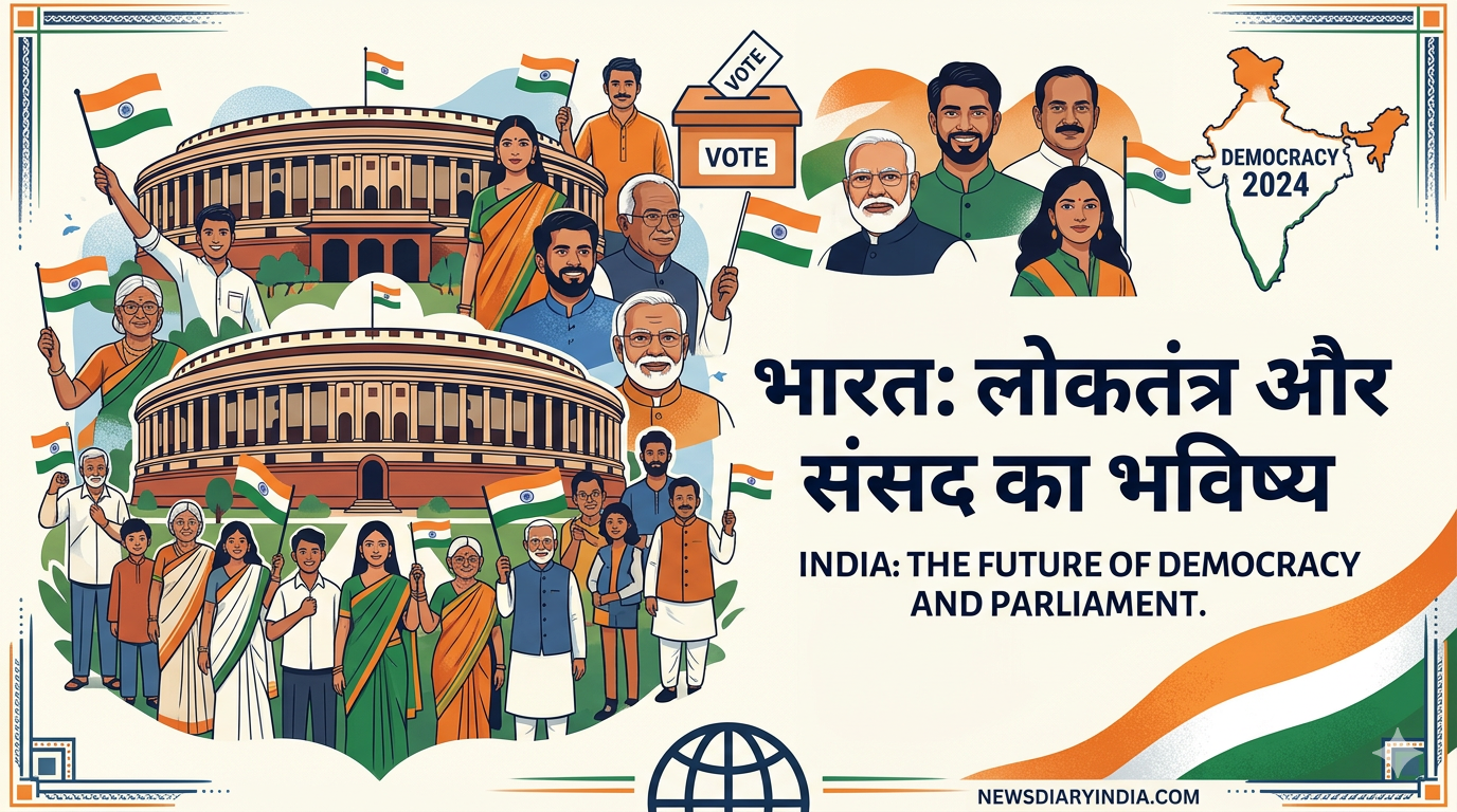 "भारतीय संसद, विविध नागरिकों और राजनीतिक नेताओं का एक कलात्मक चित्रण, जिस पर हिंदी में 'भारत: लोकतंत्र और संसद का भविष्य' और नीचे NewsDiaryIndia.com लिखा है।"